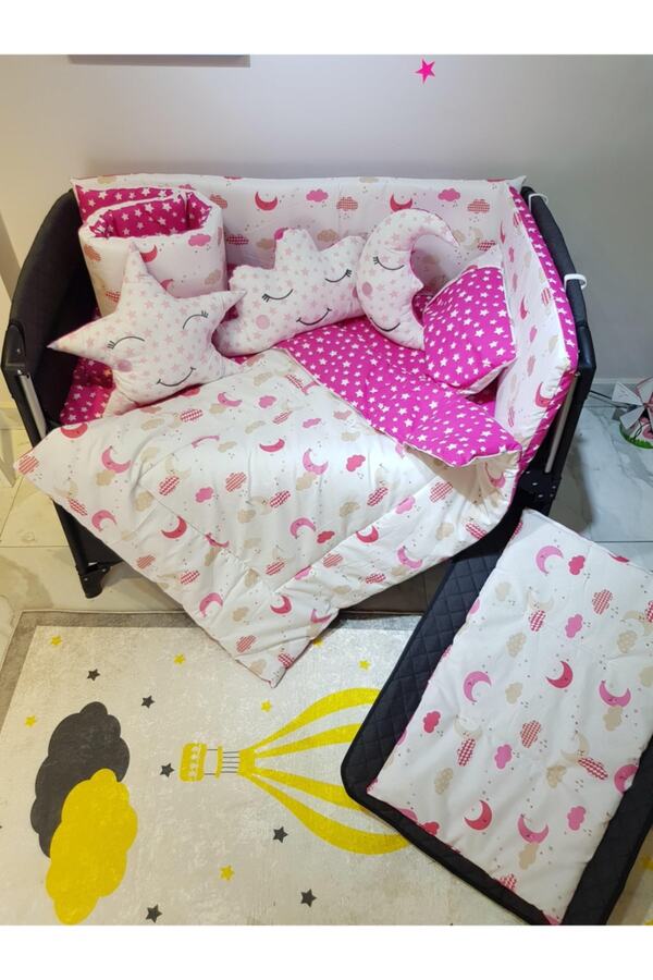 bebek_iklimi 70x110 Park Beşiklere 10 Parça Bebek Uyku Seti - Pembe Ay Yıldız Desen (BEŞİK HARİÇ)