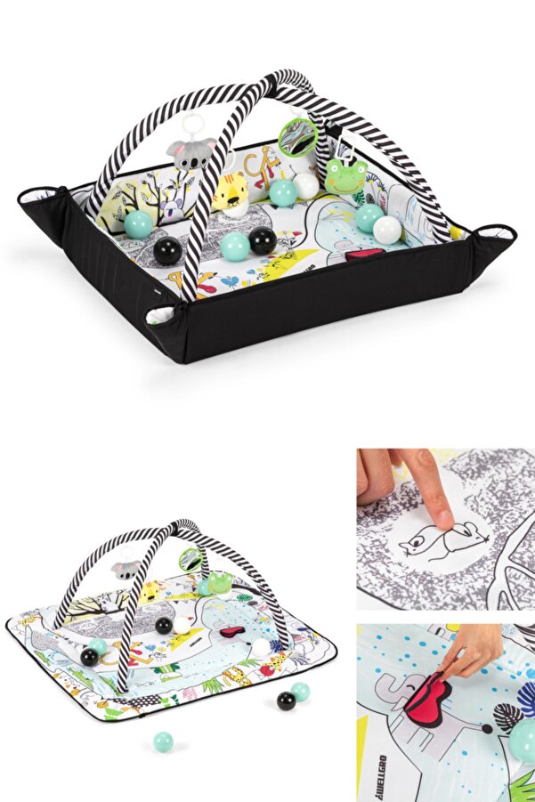 Wellgro Kenarları Katlanır Oyuncak Barlı Siyah Oyun Halısı, Top Hediyeli