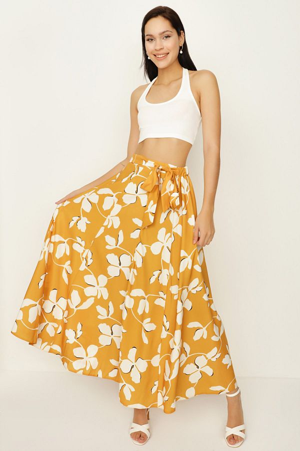 Select Moda-Women's Mustard Patterned Belted Flounce Long Skirt 1