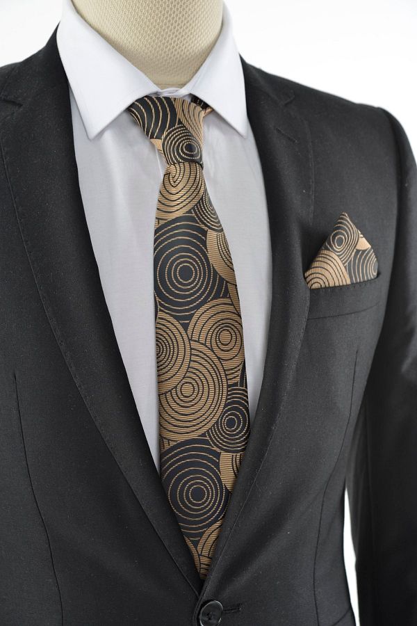 Brianze-Men's Geometric Pattern Brown Handkerchief Tie 1