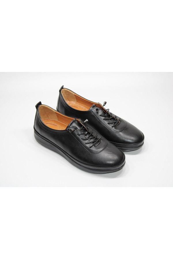Sedef-Orthopedic Light Sole Rubber Laced Easy Wear Women's Black Casual Shoes 1