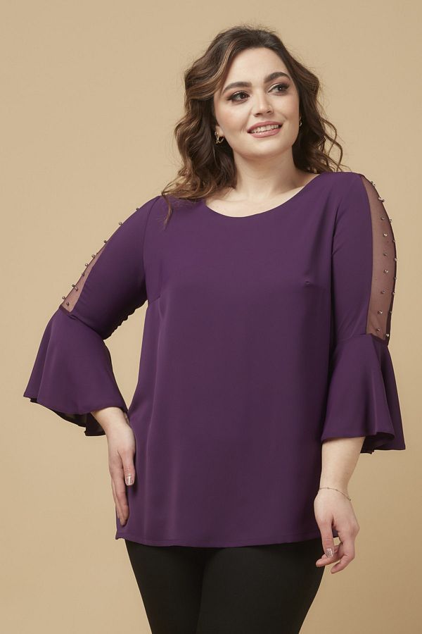 Moda Alba-Plum Sleeve Pearl Flounced Plus Size Stylish Blouse 1