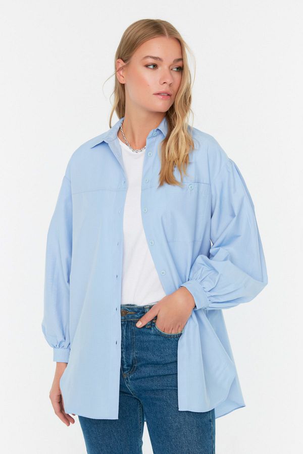 Trendyol Modest-Világoskék léggömb ujjú alap szőtt ing hosszú hátsó zsebbel TCTSS21GO0976 1