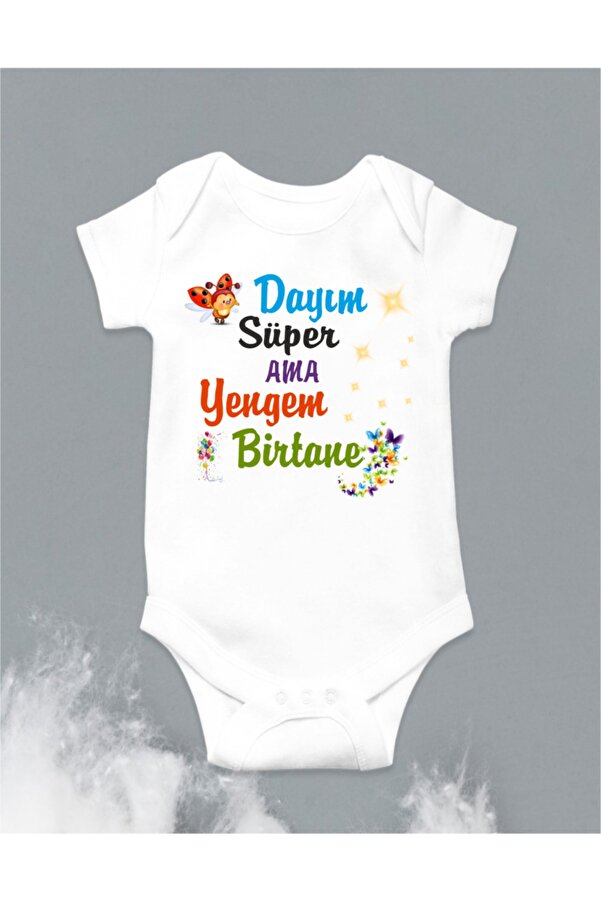 TUĞBABABY Kız Çocuk Beyaz Dayım Süper Ama Yengem Birtane Baskılı Bebek Zıbın Body