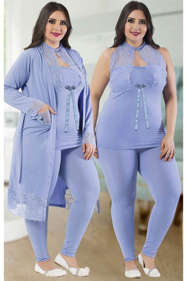 JEN KA Women s Large Size 3 Piece Pajamas Set with Dressing Gowns Trendyol