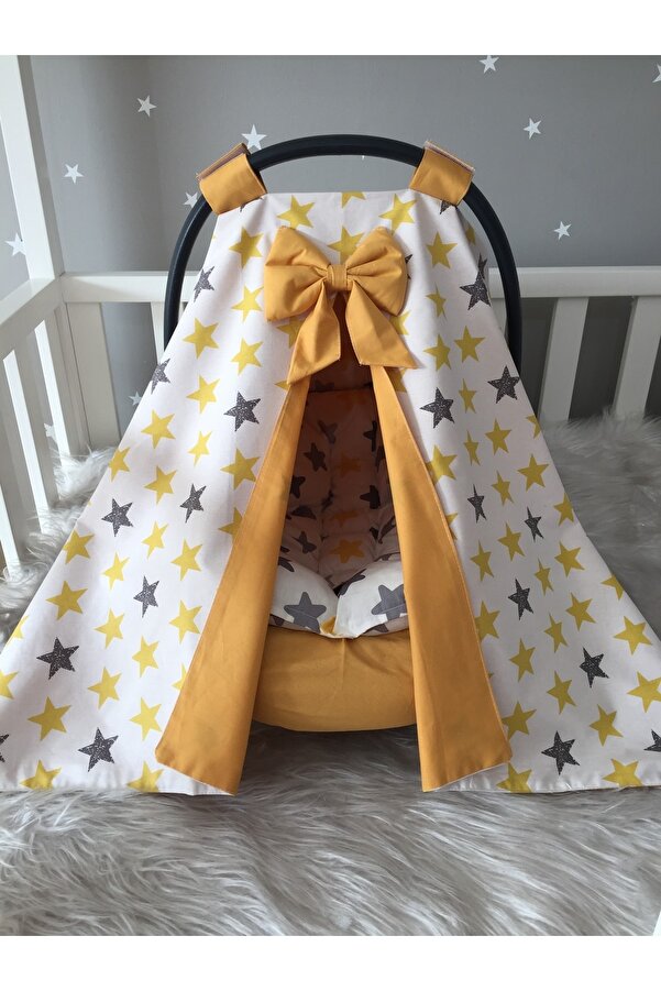 Jaju Baby Sarı Yıldız Desenli Puset Örtüsü Çarşafı Ve Puset Minderi 3 Lü Set