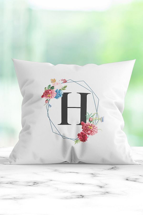 WixelArt Special Flower Printed Pillow with the Letter H Trendyol