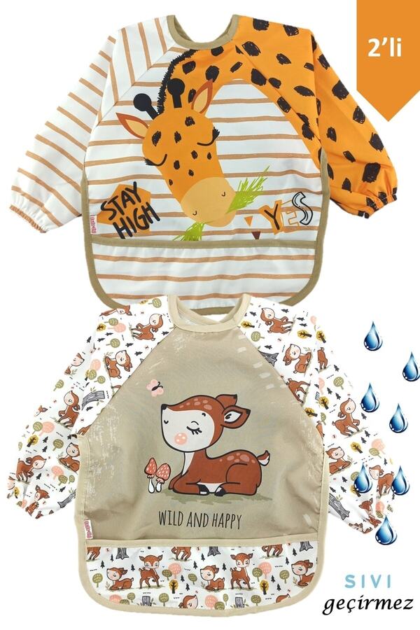 dubi baby Zürafa Ve Ceylan Desen Kollu Cepli Bebek Mama Önlüğü