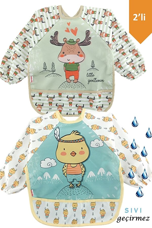 dubi baby Civciv Ve Geyik Desen Kollu Cepli Bebek Mama Önlüğü