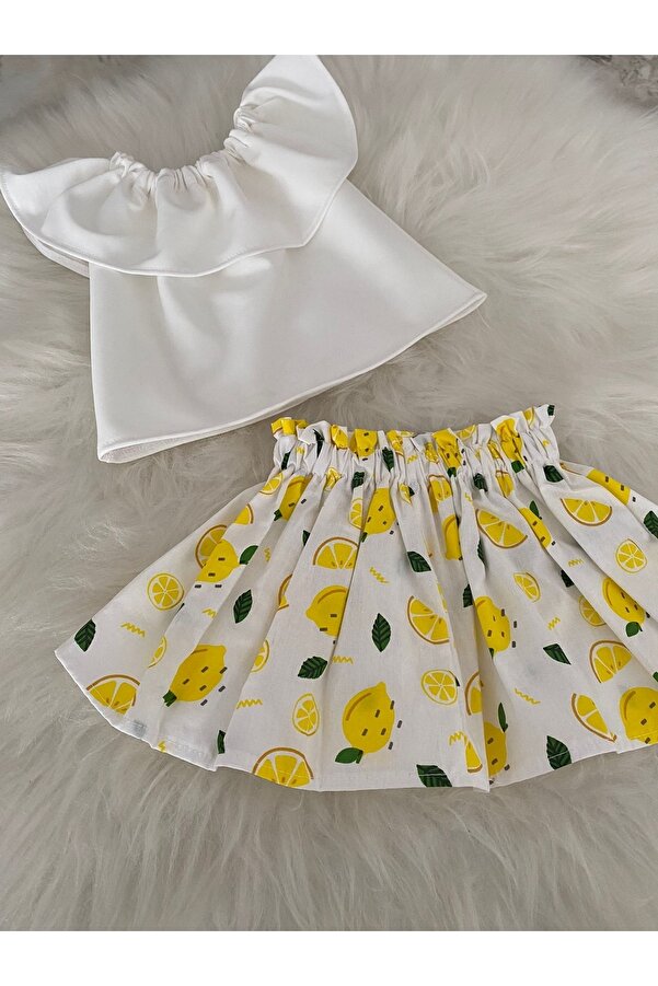 Moda Lina Kız Bebek Beyaz Bluz & Limon Desen Etek Takım