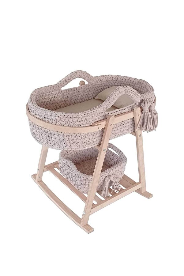 Babycom Naturel Izgaralı Ahşap Çemberli Beşik Standı + Bej Örgü Sepet