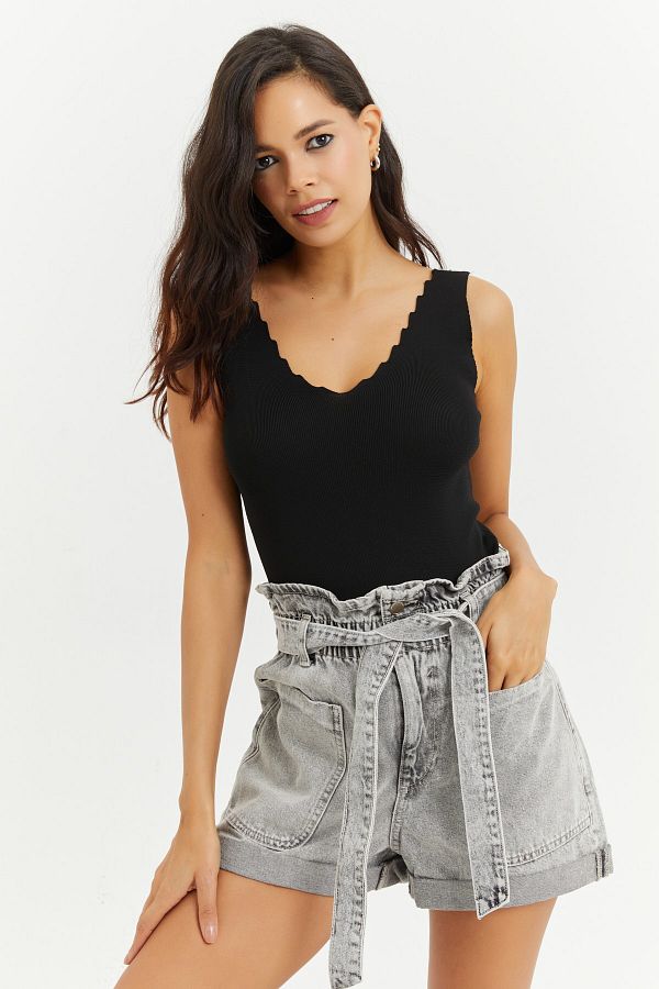 Cool & Sexy-Schwarze Strickbluse mit Leiterkragen für Damen YV83 1