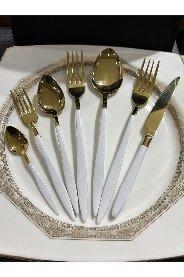 DMR LİFE-30 Piece Ruby Gold White Fork Spoon Set (No Blade) 1