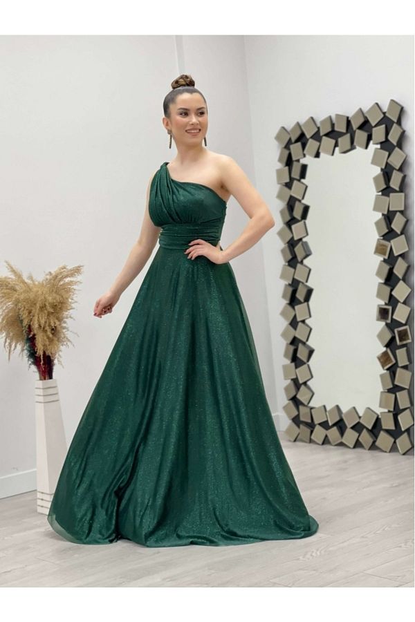 giyimmasal One Shoulder Glitter Tulle Dress Emerald Green Trendyol