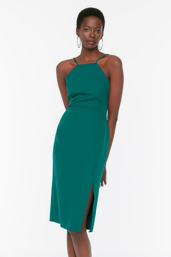 Trendyol Collection Emerald Green Halter Neck Midi Dress Slit Body Hugging Pencil Skirt TWOSS19BB0501 Trendyol