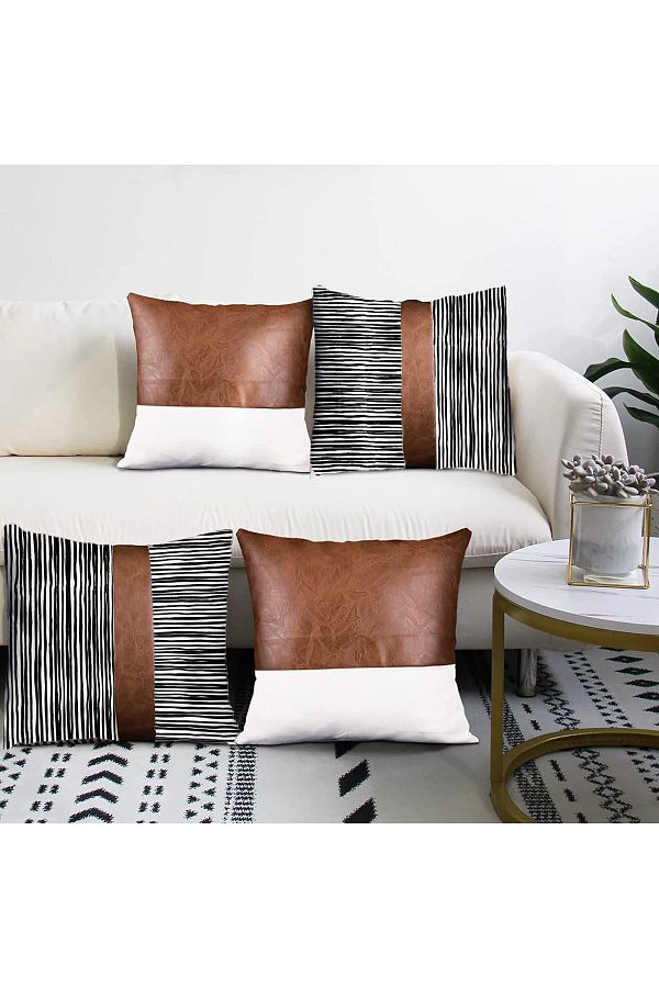 LadiesHome Premium Decorative Throw Pillow Cover Set Tan Leather Plain Striped Modern Design Trendyol