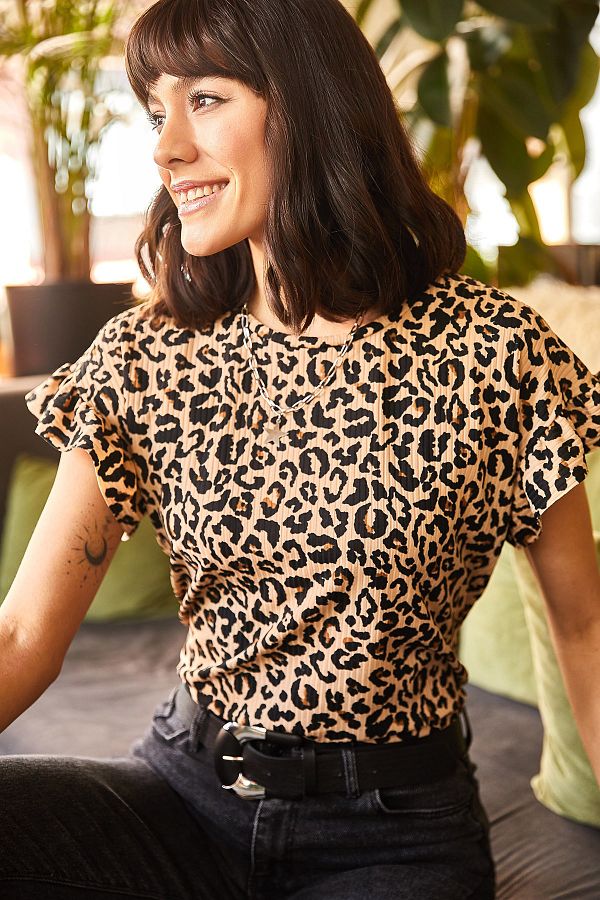 Olalook-Tricou pentru femei cu mânecă leopard cu volane TSH-19000417 1