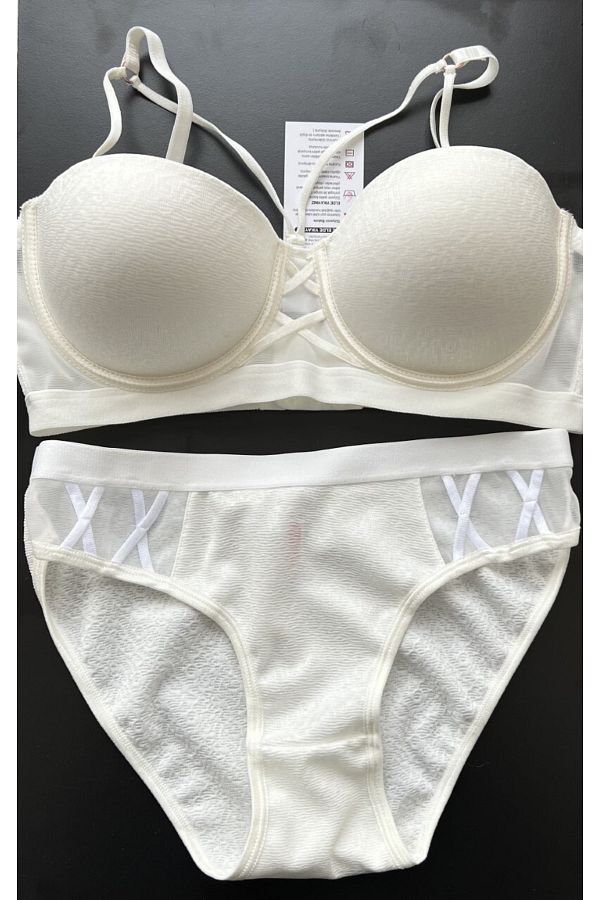 Le Jardin-5030 Cassie Strapless Silicone Piping Drawstring Ecru Bra Set 1