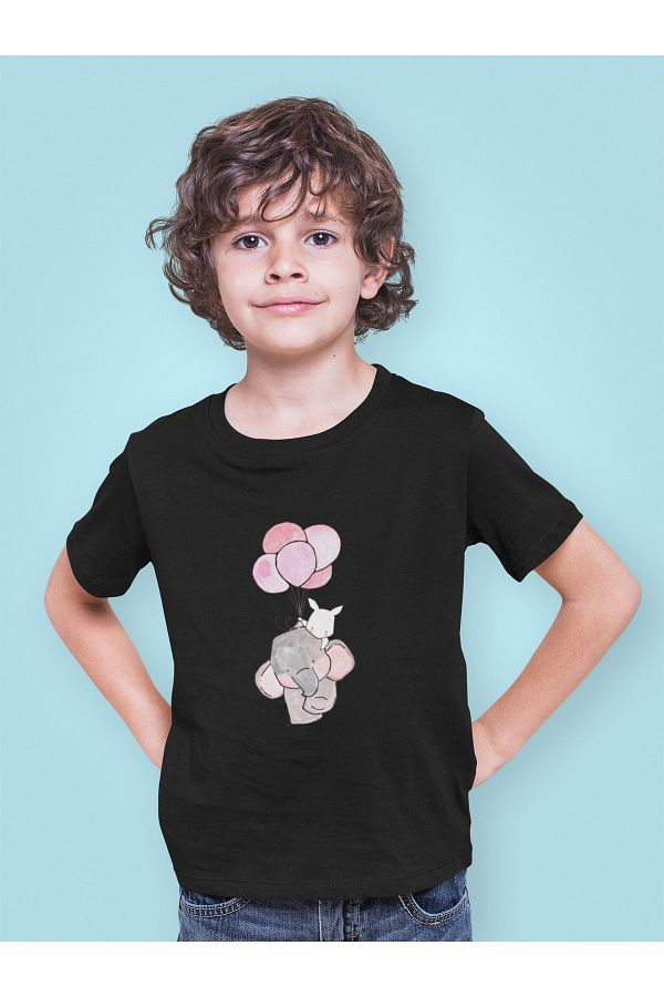 Kio Tasarım-Tricou pentru copii cu imprimeu Elephant And Rabbit Friendship Series 2 Negru Unisex 100% bumbac 1
