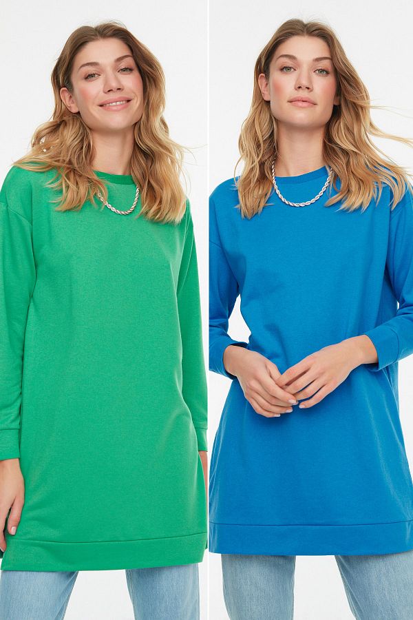 Trendyol Modest-Синьо-зелен 2 пакета трикотажни трикотажни суичъра с кръгло деколте TCTAW22TW0152 1