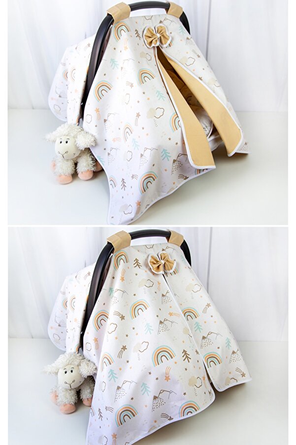 Babynest Tek Puset Örtüsü %100 Pamuk Gökkuşağı Bej