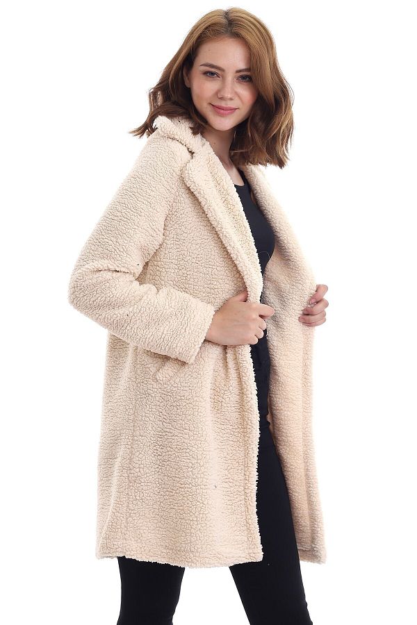 Kad n Modas Women s Beige Pocket Lined Plush Boucle Coat Trendyol