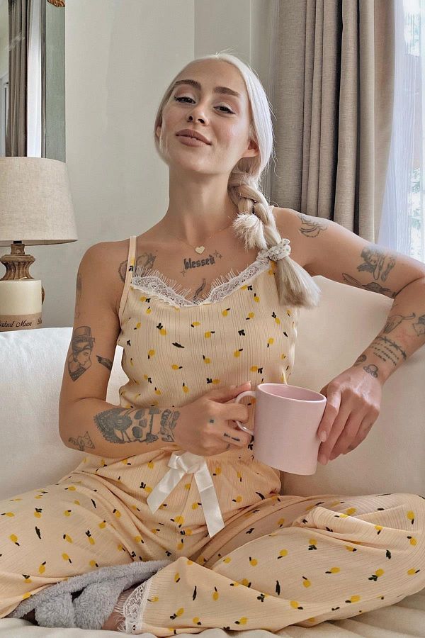 Pijamaevi Yellow Lemon Printed Lace String Strap Knitted Women s Pajama Set Trendyol