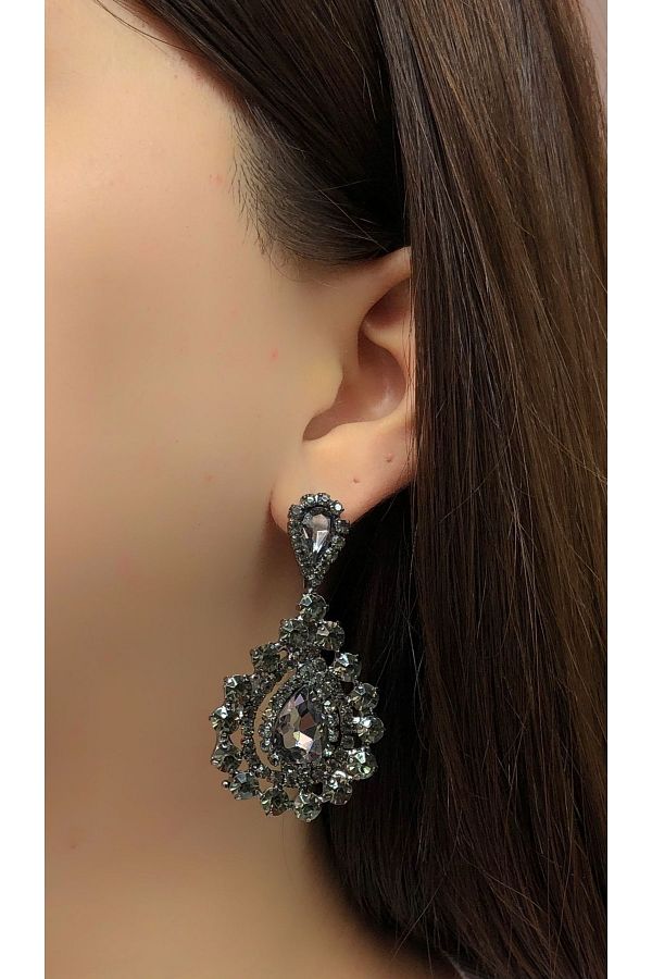 dejavugümüş-Women's Gray Color Crystal Stone Hanging Evening Dress Earrings 1