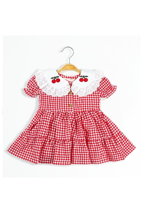 Şirin Şeyler Butiği Piti Kiraz Kısa Kol Kız Çocuk Kareli Fisto Nakışlı Pamuklu Kırmızı Kiraz Elbise Kirazli Elbise