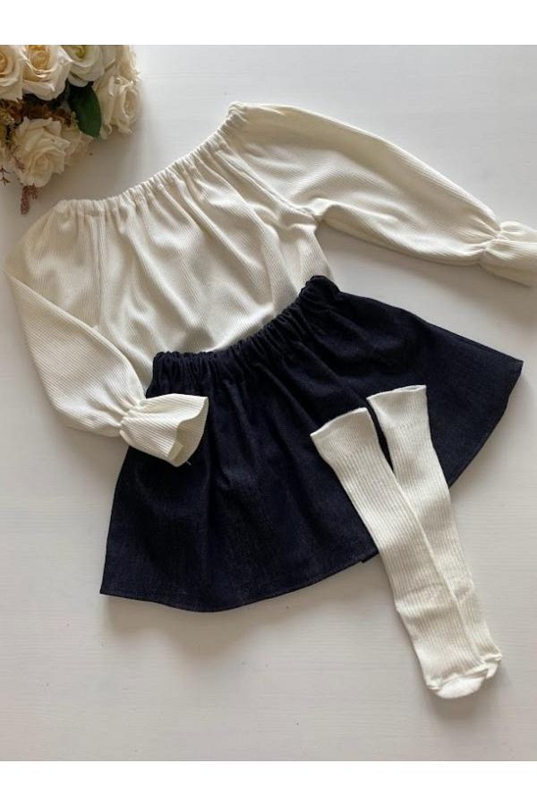 ozge ba aran Denim Skirt Cream Blouse and Socks Set for Children from 6 9 Months to 6 Years 6 Years Old Trendyol