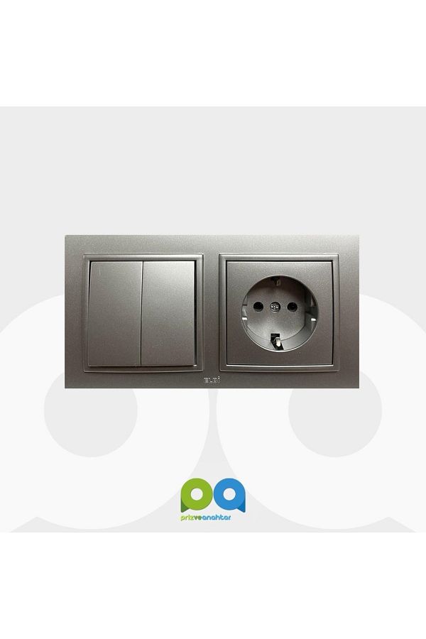ELBİ-Zena Double Set - Metalic Gray Commutator with Switch and Grounded Socket (Silver) Frame 1