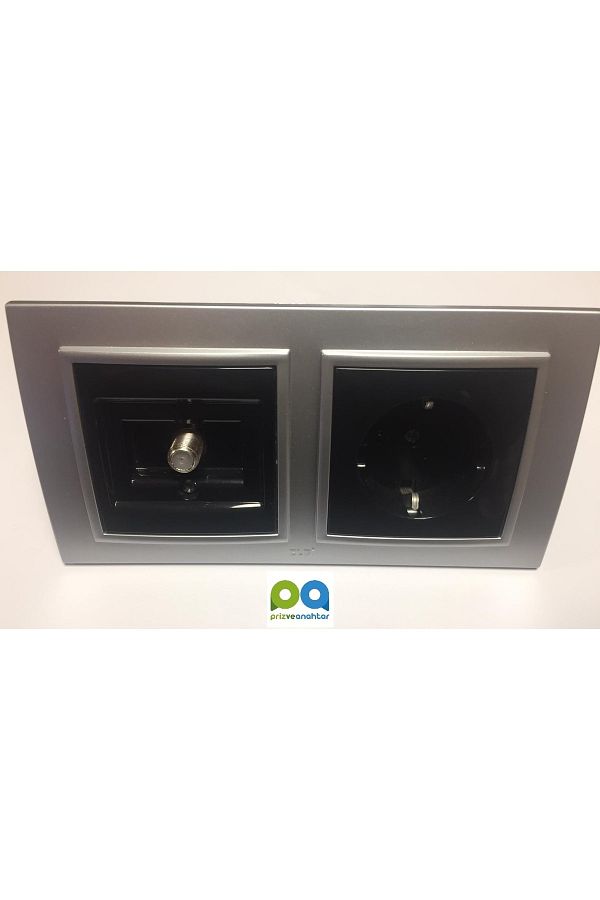ELBİ-Zena Double Set Grounded Socket Satellite Socket Double Frame (Silver) Metallic Gray Black Set 1