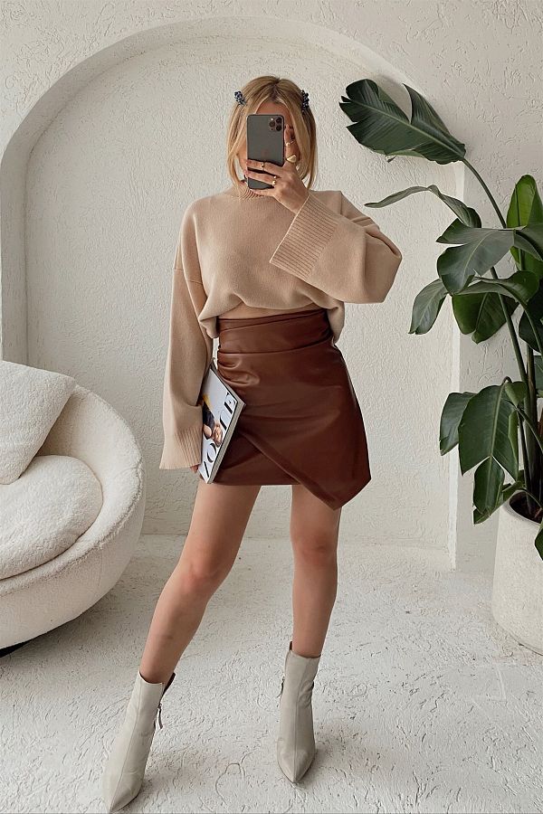 My love butik Tan Premium Asymmetrical Leather Skirt Trendyol