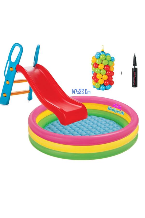 hediyecik Kaydıraklı Oyun Seti Şişme Tabanı Boğumlu Havuz 147x33 + 6 Cm 100'lü Oyun Havuz Topu + Pompa