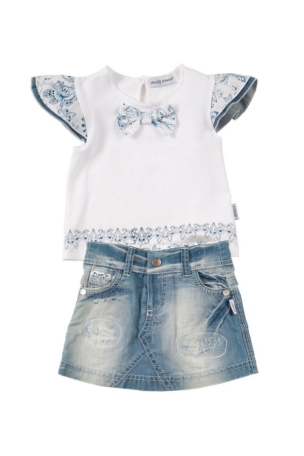 Andy Wawa 1 Year Old One Size Baby Girl White Denim Skirt and Short Sleeve Combed Cotton T shirt Set Trendyol