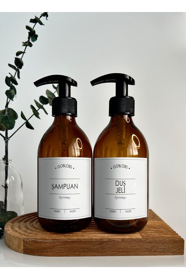GO BLOBS-Set of 2 300ml Amber Brown Glass Bottle Shampoo & Shower Gel with White Label 1