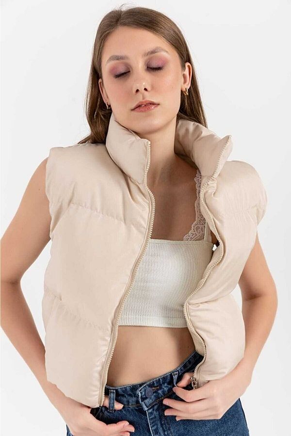 laughs-Vestă puf scurtă de culoare bej pentru femei Ylk0034 1