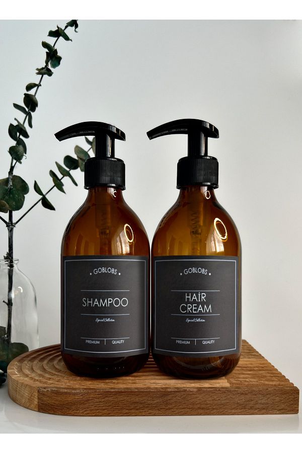 GO BLOBS-Set of 2 300ml Amber Brown Glass Bottle Shampoo & Hair Cream with Black Label 1