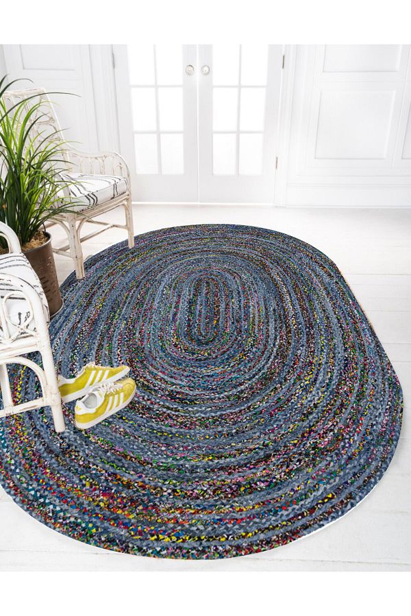 Else Dekor-Blue Threads Patterned Oval Knitted Jute Knitted Carpet Wicker Rug 1