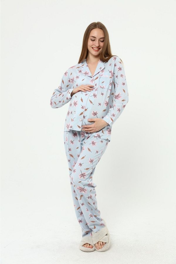 Nehir tekstil-Front Buttoned Plus Size Combed Cotton Maternity Pajama Set 1