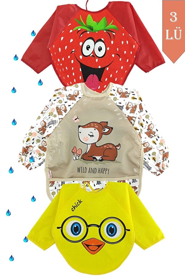 dubi baby 3 Adet Ceylan Civciv Çilek Desenli Bebek Mama Önlüğü 6-24 Ay