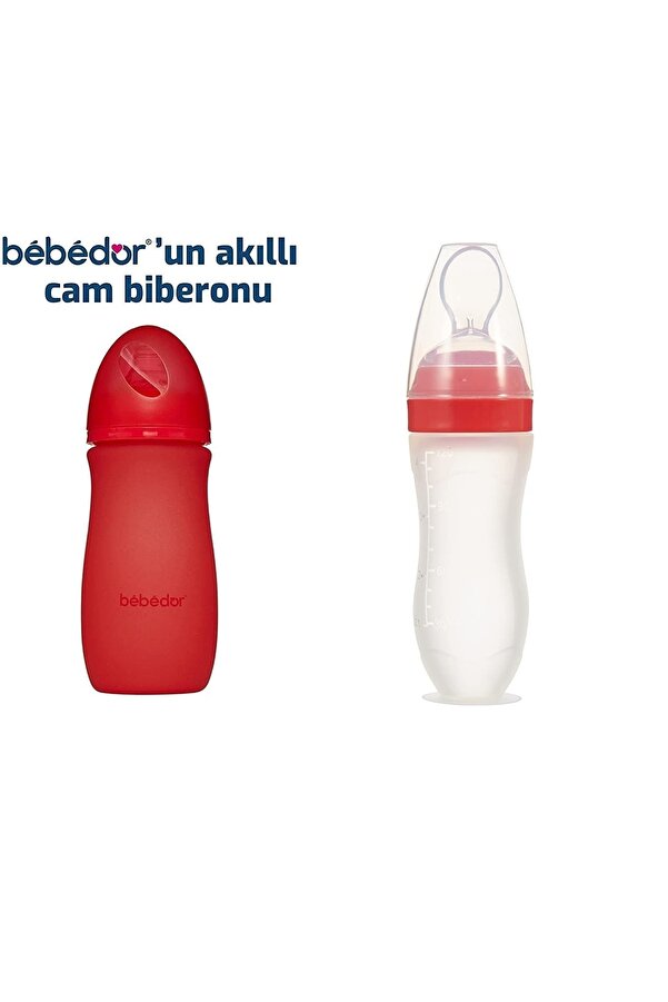Bebedor Isıya Duyarlı Renk Değiştiren Cam Biberon 260 Ml+premium Seri Pratik Kaşıklı Biberon 120 Ml