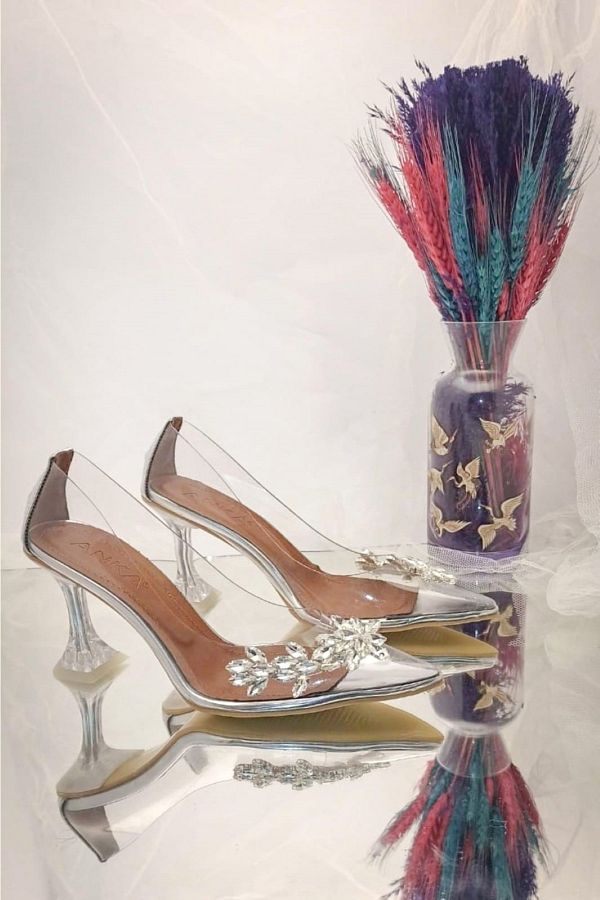 TrendyAnka Women s Princess Silver Tan White Goblet Transparent Heel Crystal Stone Stiletto Pointed Toe Evening Dress Shoes Trendyol
