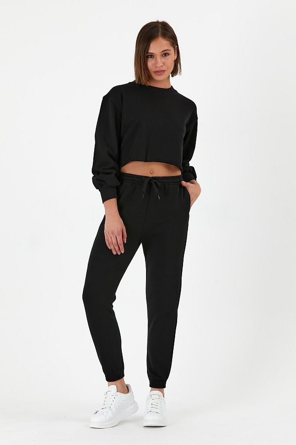 Think Simple Women s Crop Tracksuit Set black Trendyol