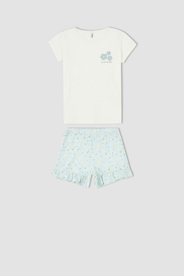 DeFacto-Bedrucktes Kurzarm-Shorts-Pyjama-Set aus Baumwolle für Mädchen 1