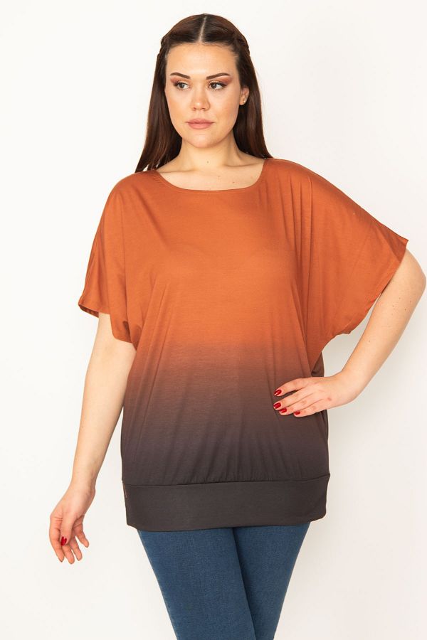 Şans-Women's Plus Size Orange Tie-Dye Patterned Low Sleeve Blouse with Skirt Tip Band 65n30615 1