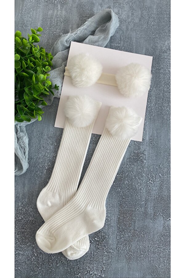Selda Aksesuar Kız Bebek Ponponlu Çorap Bandana Set-ekru