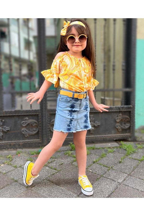 Yellow denim skirt set cheap