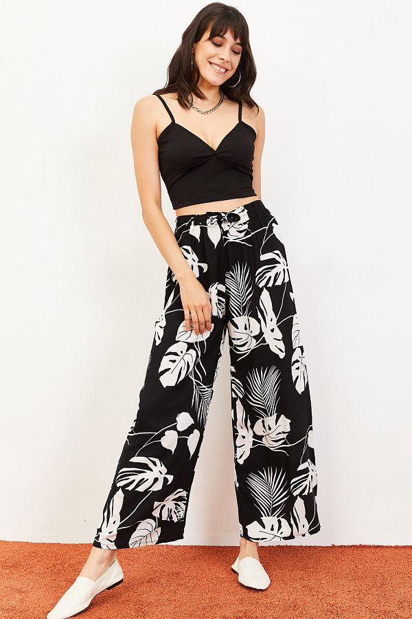 Bianco Lucci-Pantaloni largi pentru femei, cu model de flori mari, cu talie elastică, cu centuri, negri 10061054 1