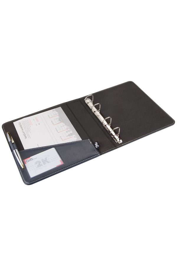 2K-A5 Small Size Faux Leather Elite Document Presentation Folder with 4 Rings (250 SHEETS CAPACITY) - Navy Blue 1